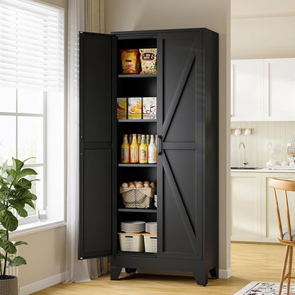 RAVIGIN Farmhouse Storage Cabinet,72" H Metal Pantry Cabinet with Barn Doors and Adjustable Shelves,72" H 6-Tier Rustic Pantry Organizers for Kitchen,Dining Room,Black