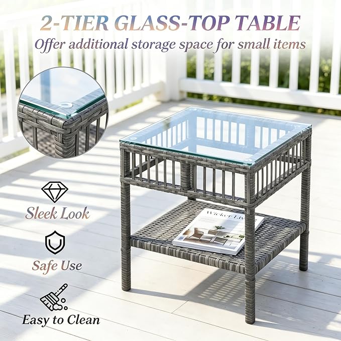 Patio Furniture Set, 3-Piece Wicker Rocking Chair & Coffee Table, Outdoor Conversation Set for Backyard, Small Patio, Porch