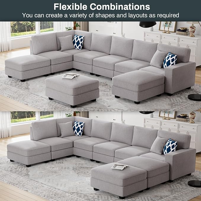 Legend Vansen Oversized Modular Sectional Sofa,U/L‑Shaped Reversible Couch with Ottoman,Deep Seat Plush Polyester Sofa for Living Room,9‑Seater,Light Grey