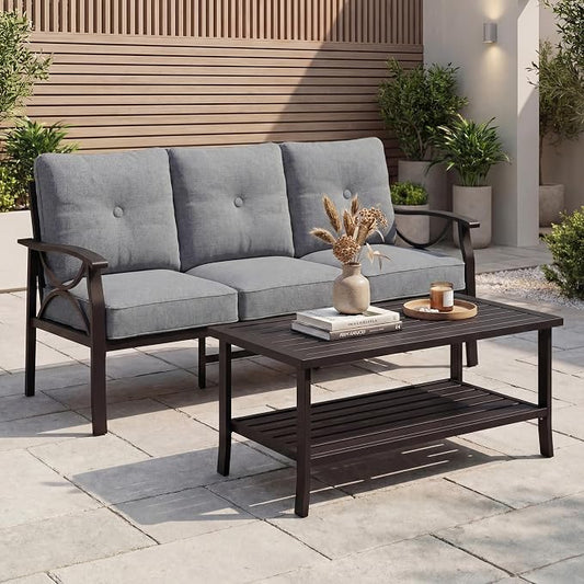 FansaFurn 3 Seats Outdoor Patio Furniture Set, Outdoor Metal Sectional Furniture with Cushions, Outdoor Conversation Set with Coffee Table for Deck, Balcony, Backyard, Garden, Grey