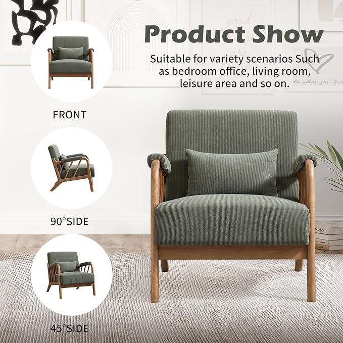 INZOY Accent Chairs Set of 2, Mid Century Modern Accent Chair with Wood Frame, Upholstered Reading Armchair with Corduroy Fabric, Accent Chair for Living Room Bedroom Apartment, Easy Assembly, Green
