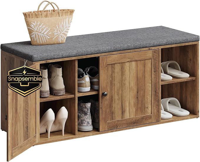 SONGMICS HOME Shoe Storage Bench, Snapsemble Superfast Assembly, Shoe Rack Cabinet with Door & Adjustable Shelf for Entryway/Living Room, 14 x 40.2 x 17.3 Inches, Honey Brown and Slate Gray