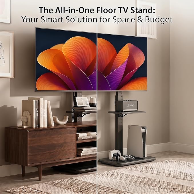 Perlegear Floor TV Stand with Power Outlet, Universal TV Stand for 32-75 inch TVs up to 110 lbs, Height Adjustable Standing TV Mount, Tall TV Mount with Wood Base, Max VESA 600x400mm, PGFS06