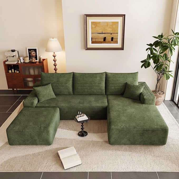 95" Cloud Sectional Couch U-Shaped Chaise with Ottoman, Corduroy Boneless Couch for Living Room Bedroom, Deep-Seat Upholstered Modular Cloud Sofa, No Assembly Required (Green, Right Facing Chaise)