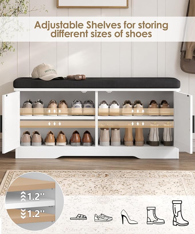 Akxomel Shoe Bench with Storage, 39.4" Entryway Bench with Padded Cushion, 2-Tier Shoe Cabinet Bench with Adjustable Shelves and 2 Cross Molding Doors, for Hallway, Living Room, Bedroom, White