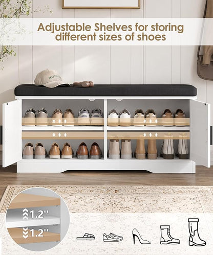 Akxomel Shoe Bench with Storage, 39.4" Entryway Bench with Padded Cushion, 2-Tier Shoe Cabinet Bench with Adjustable Shelves and 2 Cross Molding Doors, for Hallway, Living Room, Bedroom, White