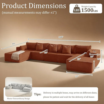 168" Cloud Sectional Couch, Comfort U Shaped Sofa for Living Room, Extra Deep Seats No Assembly, Minimalist Modular Couch, Corduroy (Deep Orange, 7 Seats,U-Shape C)