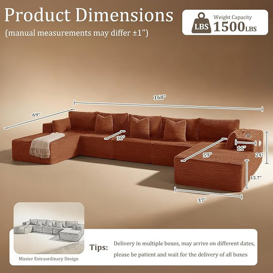 168" Cloud Sectional Couch, Comfort U Shaped Sofa for Living Room, Extra Deep Seats No Assembly, Minimalist Modular Couch, Corduroy (Deep Orange, 7 Seats,U-Shape C)