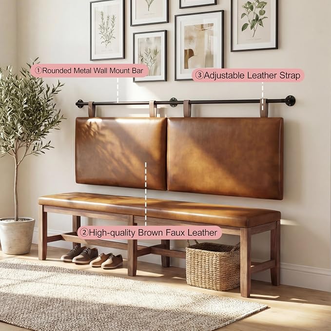 Queen Size Headboard, Wall Mounted Hanging Upholstered Bed Headboard with Modern Design Faux Leather Padded Headboards Ideal for Bedroom (Brown Leather, Queen
