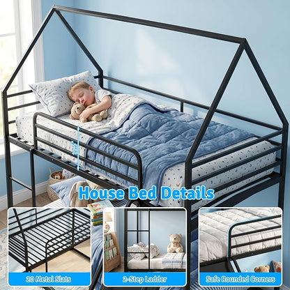 Bunk Bed with Slide, Twin Over Twin Bunk Bed with Ladder and Guardrail, Space Saving & Heavy Duty House Loft Bed for Kids, No Box Spring Needed(Black)