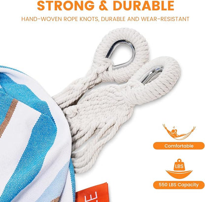 Lazy Daze Hammocks Double Brazilian Cotton Hammock, Extra Large Portable Outdoor Camping Hammock with Tree Straps & Travel Bag for Backyard Patio Poolside Indoor, 550lbs Capacity, Blue & Light Gray