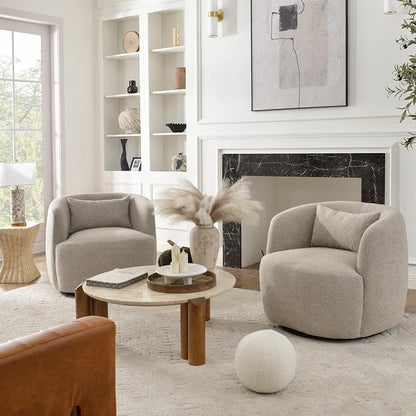 KINWELL 34" Wide Boucle Swivel Barrel Chairs Set of 2, No Assembly Round Upholstered Armchairs Accent Chairs Single Sofa Chair with Toss Pillow for Living Room and Bedroom, Taupe