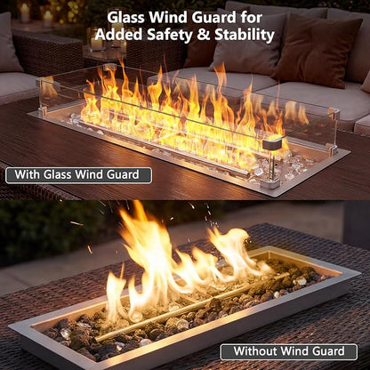 GRISUN Upgraded 36" x 12" Drop-in Fire Pit Burner Kit, Gas Fire Pit Kit with Glass Wind Guard & Lid, Linear Fire Pit Pan Insert with Spark Ignition for Fire Pit Tables