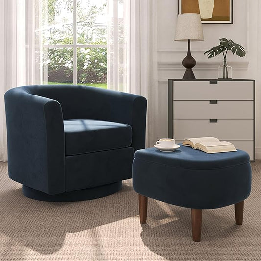 Swivel Accent Chair with Storage Ottoman, Modern Velvet Barrel Chair, Upholstered Armchair with Footrest for Living Room/Reading/Bedroom, 25.4'' D x 28.35'' W x 24.4'' H, Blue