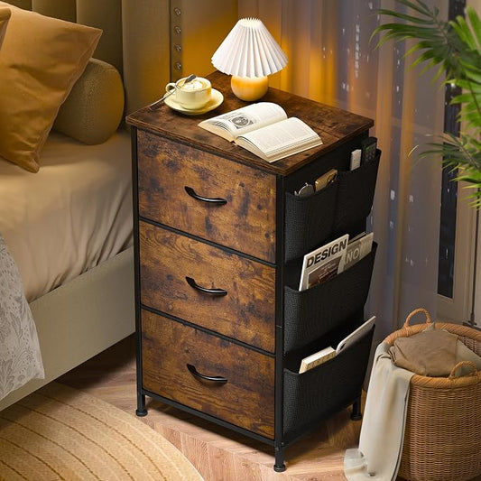Night Stand Set 2,Night Stand with Drawers for Bedroom,Bedside Table with Wooden Top,Sturdy Steel Frame End Table,Dorm Small Nightstand for Bedroom,Entryway,Hallway,Cloth Bags,Hooks,Rustic Brown