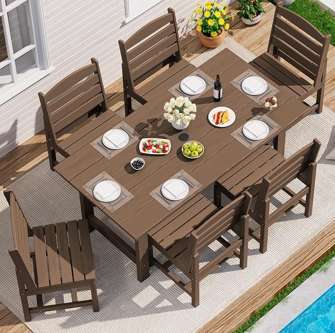 SERWALL Patio Dining Sets for 6 Person, HDPE Dining Set with 6 Armless Chairs, Brown