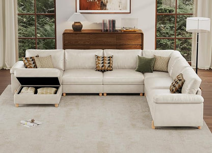 SITJOY Large Cloud Couch, 138" Wide 6 Seater U Shape, Faux Leather in White | Pet-Friendly Scratch-Resistant Leather Sectional Sofas for Living Room, Deep Seat Wide Couch with Chaise, Storage Ottoman