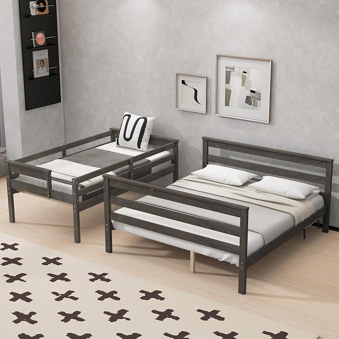 Wood Bunk Bed Twin XL Over Queen Size, Detachable Design Bunk Bed Frame with Safety Guardrail, Ladder and Sturdy Slats Support (Grey-4.21)