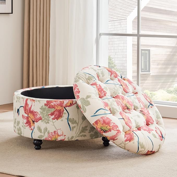 HUIMO 30-Inch Round Storage Ottoman, Modern Button Tufted Ottoman Coffee Table with Removable Top for Living Room, Bedroom and Office(Red Flower)