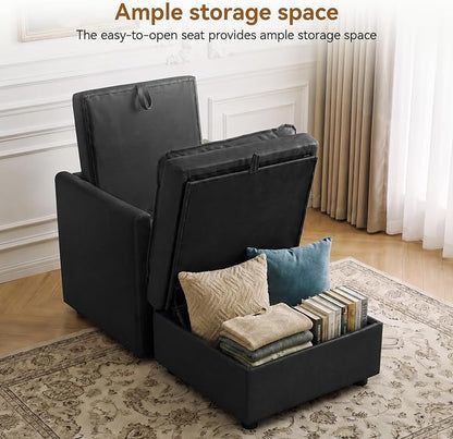 30" Black Faux Leather Storage Sofa Chair, Single Accent Chair with Ottoman | Modern Upholstered Deep Seat Sofa Chair, Comfort for Reading, Lounging, and Small spaces, Armchair for Living Room, Bedroom