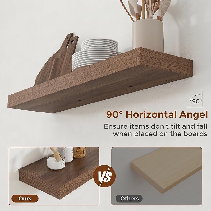 Heimlove 32 Inch Floating Shelves for Wall Walnut Shelves Set of 2,Wall Mounted Rustic Wood 8 Inch Deep Floating Shelf with Invisible Brackets for Bedroom Kitchen Living Room
