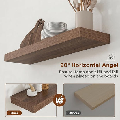 Heimlove 32 Inch Floating Shelves for Wall Walnut Shelves Set of 2,Wall Mounted Rustic Wood 8 Inch Deep Floating Shelf with Invisible Brackets for Bedroom Kitchen Living Room