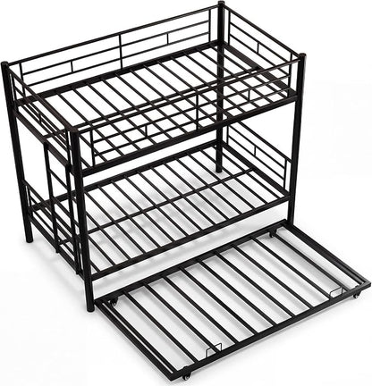 Metal Bunk Bed with Trundle, Space-Saving Bunk Bed Twin Over Twin with Ladders and Safety Guardrail, Heavy Duty Twin Bed Frames, No Box Spring Needed and Noise Free(Black)