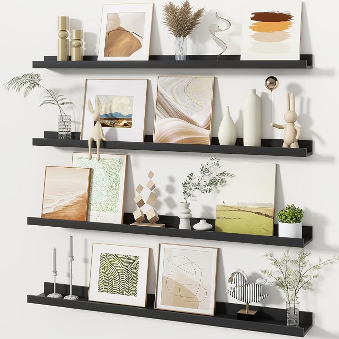 Fun Memories Picture Ledge Shelves Set of 4, 36 Inch Rustic Wall Mounted Floating Shelves with Lip for Home Storage and Décor in Bathroom, Kitchen, Nursery, Bedroom, Living Room, Black