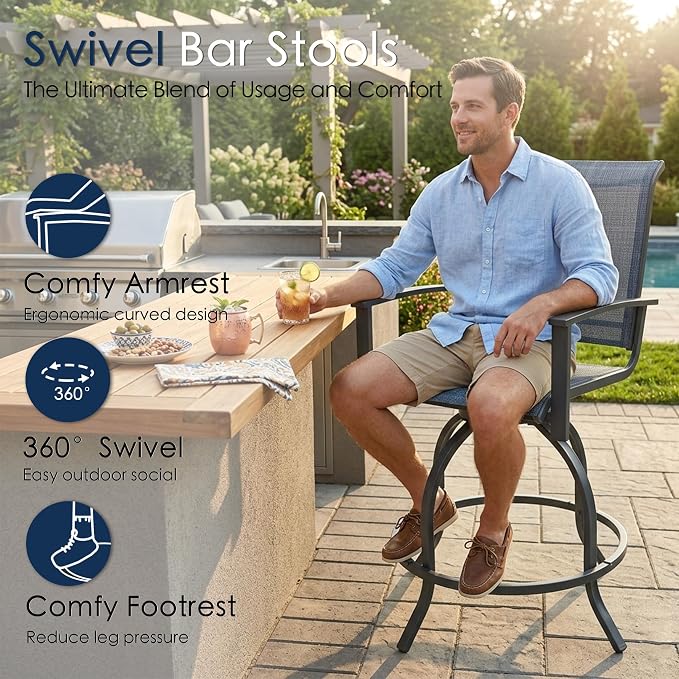 Kozyard Outdoor Swivel Bar Stools Set of 2, 360° Swivel Counter-Height Patio Bar Chairs with High Back, Powder-Coated Steel Frame & Textilene Fabric for Backyard, Balcony, Kitchen Island Navy Blue