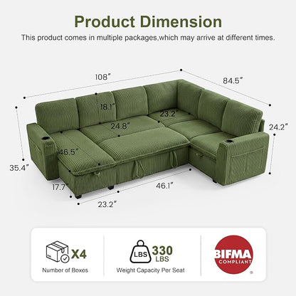 Sectional Sleeper Sofa with Pull Out Bed, Plush Corduroy 7 Seat Modular Sectional Sofa with Storage Chaise and Adjustable Backrest, Cloud Couches for Living Room, Apartment, Green