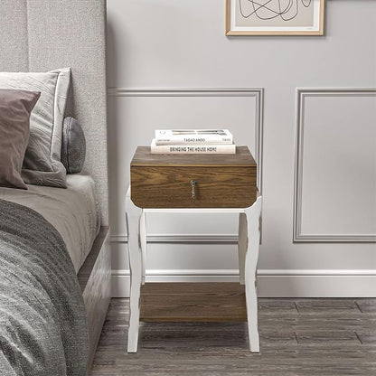 COSIEST Rustic Nightstand, 2-Tier Farmhouse Bedside Table, Wood Accent End Table with Storage Drawer and Open Display Shelf for Bedroom Nursery Living Room(Walnut)