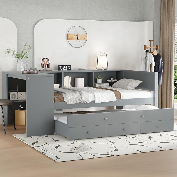 Bellemave Twin Size Corner Bed Frame with Storage Drawers and Desk,Captain Daybed with Bookcase,Corner Bed Frame Twin Size with Trundle for Kids,Teens,Guests,Gray