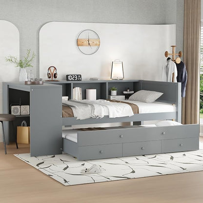 Bellemave Twin Size Corner Bed Frame with Storage Drawers and Desk,Captain Daybed with Bookcase,Corner Bed Frame Twin Size with Trundle for Kids,Teens,Guests,Gray