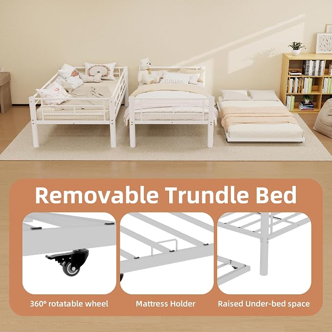 Bunk Bed with Trundle, Metal Twin Bunk Beds with Guardrail and Ladder for Kids/Teenagers/Adults, Space-Saving Bunk Bed Can be Split Into 3 Beds, No Box Spring Needed(White, with Trundle)
