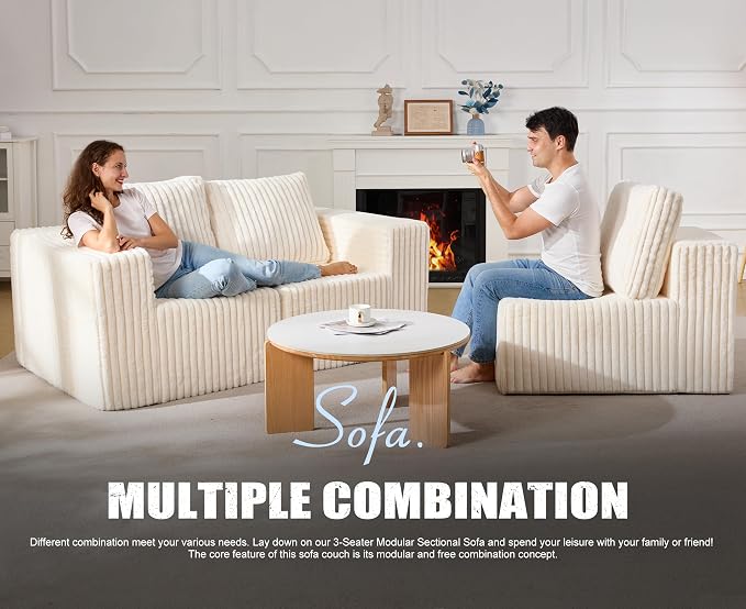 Modular Sectional Sofa 3-Seater Modular Couch with Deep Seat Memory Foam Cloud Chair with Pillows Oversized Sectional Sofa for Living Room Bedroom (Strip White, 3-Seater)