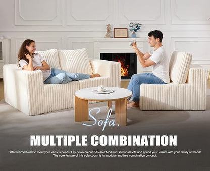 Modular Sectional Sofa 3-Seater Modular Couch with Deep Seat Memory Foam Cloud Chair with Pillows Oversized Sectional Sofa for Living Room Bedroom (Strip White, 3-Seater)