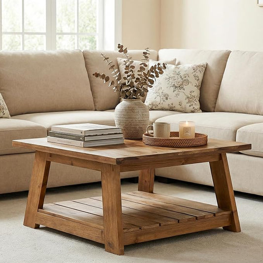 31.5" Solid Wood Square Coffee Table, 2-Tier Storage Design, Sturdy Wooden Legs, Farmhouse Accent Center Cocktail Table for Living Room, Easy Assembly, Honey Brown