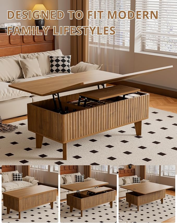 4 in 1 Lift Top Coffee Table with Storage, Mid Century Modern Living Room Center Table, Wood Fluted Multi-Function Convertible Dining Table, Walnut