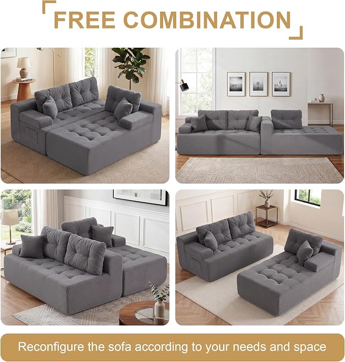 Hobestluk Modular Sectional Sofa Couches L-Shape Couch 3 Seat Modular Sofa Memory Foam Sectional Couches for Living Room, Cloud Couch with Oversized Chaise (Grey Tufted, 96", Right Hand Facing)