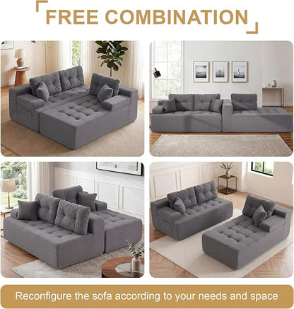 Hobestluk Modular Sectional Sofa Couches L-Shape Couch 3 Seat Modular Sofa Memory Foam Sectional Couches for Living Room, Cloud Couch with Oversized Chaise (Grey Tufted, 96", Right Hand Facing)