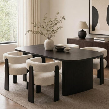Hyfirm Modern Boho Dining Chairs Set of 2, White Boucle Upholstered Barrel Armchairs with Plush Teddy Fabric, Solid Black Wooden Legs, Mid-Century Accent Chairs for Dining Room, Living Room, Kitchen