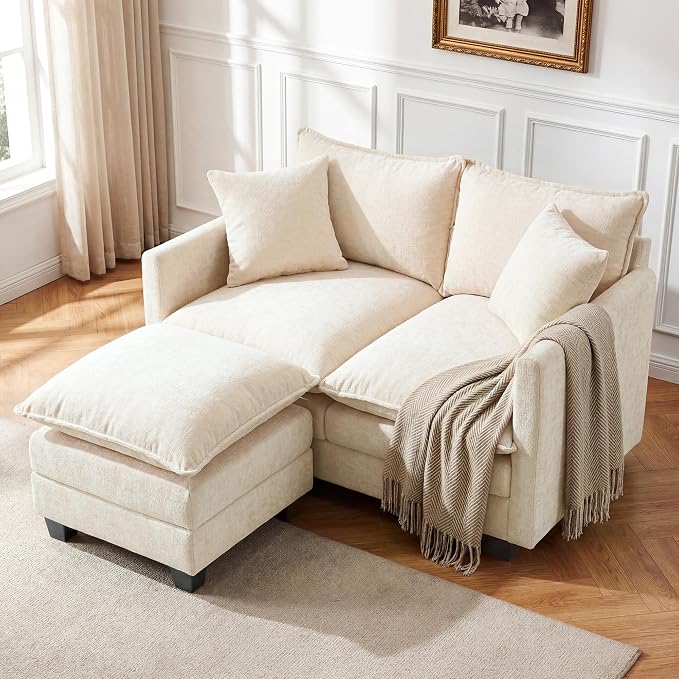 L-Shape Loveseat Sofa Couch with Ottoman, Small 50" Love Seat 27" Deep Cloud Sofa Washable Chenille Pillow for Apartment Bedroom Dorm Attic Studio Office Living Room Small Space 8833-BEIGE-L-1