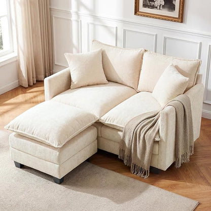 L-Shape Loveseat Sofa Couch with Ottoman, Small 50" Love Seat 27" Deep Cloud Sofa Washable Chenille Pillow for Apartment Bedroom Dorm Attic Studio Office Living Room Small Space 8833-BEIGE-L-1