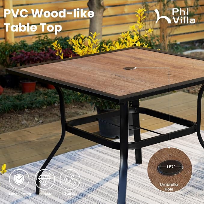 PHI VILLA 5 Piece Outdoor Patio Dining Set with 4 Swivel Dining Chairs & 1 Wood-Like Dining Table, All Weather Blue Textilene Mesh Fabric Chair and Square Metal Table for Deck Lawn Garden