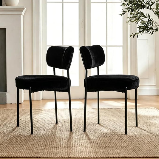 Boucle Dining Chairs Set of 2, White Mid Century Modern Kitchen Dining Room Chairs with Curved Backrest and Metal Frame, Round Upholstered Dining Chairs for Kitchen, Living Room