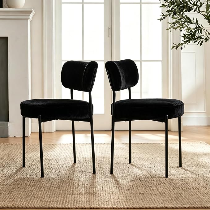 Boucle Dining Chairs Set of 4, White Mid Century Modern Kitchen Dining Room Chairs with Curved Backrest and Metal Frame, Round Upholstered Dining Chairs for Kitchen, Living Room