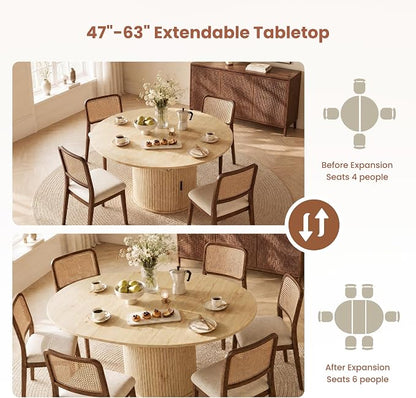 47''-63'' Extendable Round Dining Table for 4-6, Round Dining Room Table with Hidden Storage, Modern Wooden Kitchen Table with Fluted Sliding Door Cabinet for Dining Room Kitchen, Nature