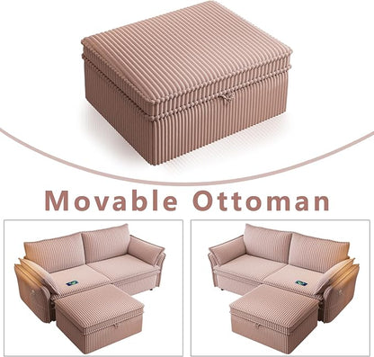85" Pull Out Sofa Bed Full Size, Pre-Assembled Corduroy Sleeper Sofa, Convertible Loveseat Futon Couch with Storage Ottoman, USB, Pillows, for Apartment, Living Room, Small Spaces, Pink