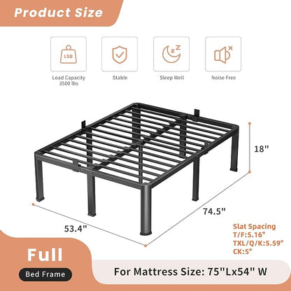 VIPSHOW 18 Inch Full Heavy Duty 3500 lbs Bed Frame with Round-Corner Legs & Anti-Squeak Design – Quick Assembly Metal Platform, No Box Spring Needed