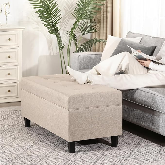Asense Storage Ottoman Bench,18.8 x 40 x 18.5 Inches Storage Bench,Foot Rest with Legs,Tufted Ottomans with Safety Hinge,End of Bed Bench for Bedroom,Living Room,Entryway